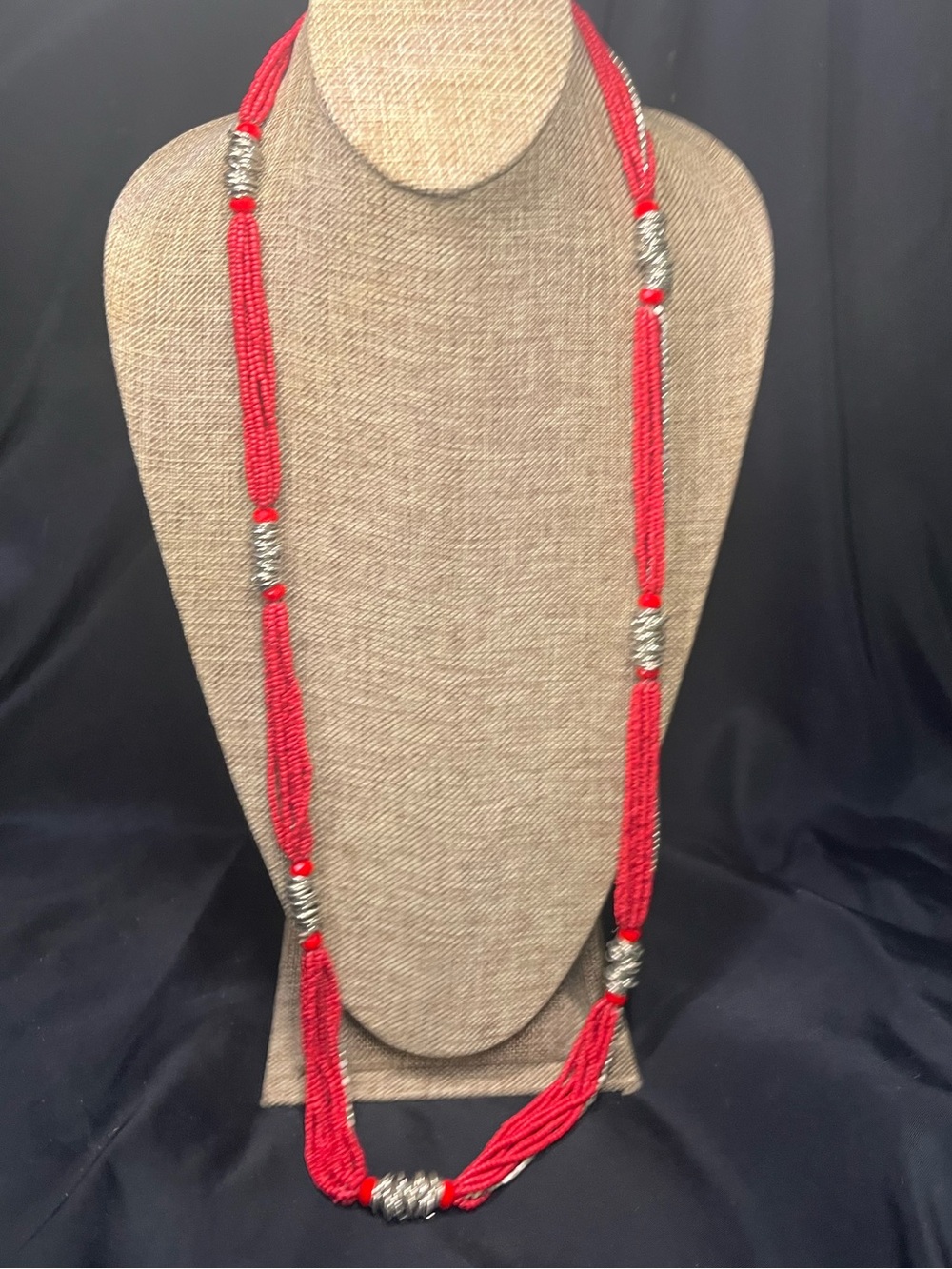 38” Genuine Red Coral Multistrand Statement Necklace w Silver Coil Accents Y2K
